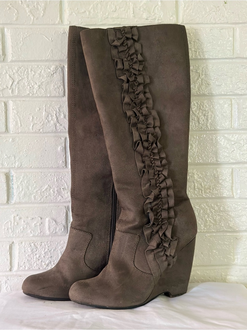 Women's Taupe Ruffle Wedge Boots